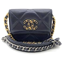 Autre Marque-Chanel Lambskin Flap Coin Purse Navy Gold Silver Chain Crossbody in Great Condition-Other