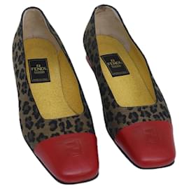 Fendi-FENDI Leopard pumps shoes Canvas Leather 37.5 Brown Red Auth ti1874-Brown,Red