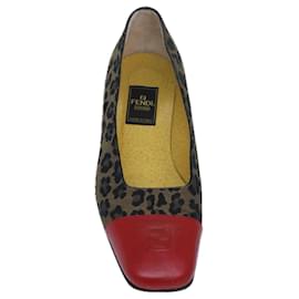 Fendi-FENDI Leopard pumps shoes Canvas Leather 37.5 Brown Red Auth ti1874-Brown,Red