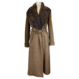 Ralph Lauren Collection Brown Lamb Shearling Collar Wool Tweed Coat with belt Brown