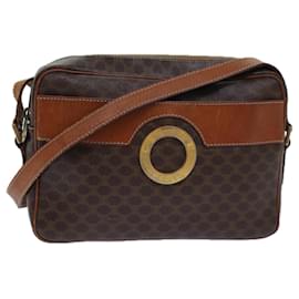 Céline-CELINE Macadam Canvas Shoulder Bag PVC Leather Brown Gold Auth 85387-Brown,Golden