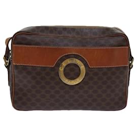 Céline-CELINE Macadam Canvas Shoulder Bag PVC Leather Brown Gold Auth 85387-Brown,Golden