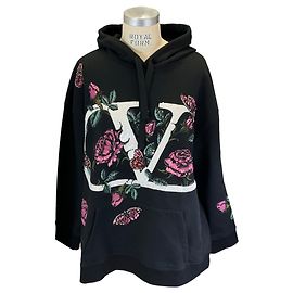 Sweat à capuche VLogo brodé à manches longues Valentino en velours noir avec des sequins multicolores et des perles. Noir