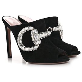 Gucci Suede Crystal Maxine Horsebit Mules Black