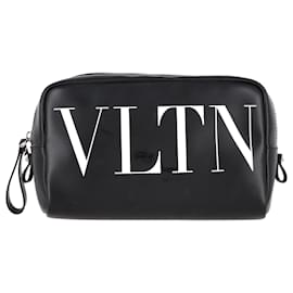 Valentino Garavani-Valentino Garavani VLTN-Print Wash Bag in Black Leather-Black