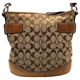 Autre Marque-Coach Canvas Signature Brown Silver Hardware Shoulder Bag F03574 in Very Good Condition-Other