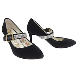 Autre Marque-Gucci Suede Heels with Rhinestone Strap, Black in Great Condition-Other