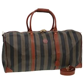 Fendi-FENDI Pecan Canvas Boston Bag 2way Brown Black Auth th5207-Brown,Black