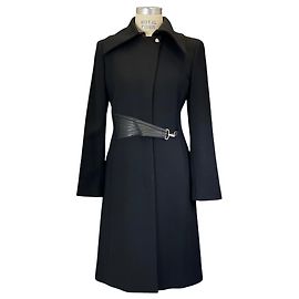 Klassischer schwarzer Wollmantel mit Lederbesatz von Versace Schwarz