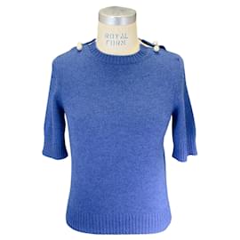 Chanel-Chanel Blue Pearl Embellished Short Sleeved Cashmere Knit Sweater-Blue