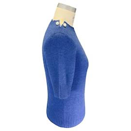 Chanel-Chanel Blue Pearl Embellished Short Sleeved Cashmere Knit Sweater-Blue