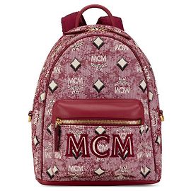 MCM Stark Vintage Jacquard Fabric Leather Backpack Red