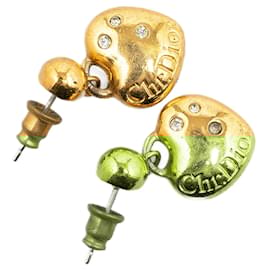 Dior-Gold Dior Gold Plated Heart Rhinestones Push Back Earrings-Golden