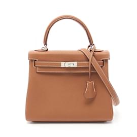 Hermès-Hermes Kelly 25 Handbag in Togo Leather-Brown,Golden