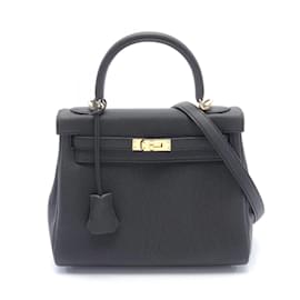 Hermès-Hermes Kelly 25 Handbag in Black Togo Leather-Black