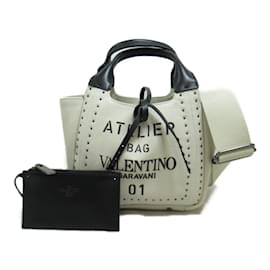 Valentino-Valentino White Canvas and Leather Tote Bag-White