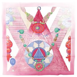 Hermès Cachecol de seda rosa Hermes Carre 90 TIBET 2 Rosa Multicor Azul claro