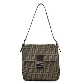 Fendi-Fendi Brown Zucca Canvas Leather Shoulder Bag-Brown