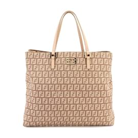 Fendi-Fendi Zucchino Canvas Leather Tote Bag-Pink,Beige