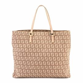 Fendi-Fendi Zucchino Canvas Leather Tote Bag-Pink,Beige