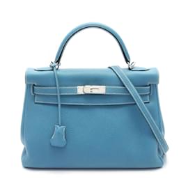 Hermès-Hermes Kelly 32 Handbag in Blue Togo Leather-Blue