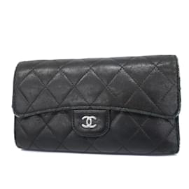 Chanel-Chanel Black Lambskin Tri-fold Long Wallet-Black