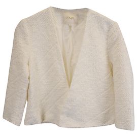 Maje Cropped Textured Jacket in White Cotton White Cream