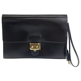 Hermès-Hermes Box Calf Pochette Jet Clutch Bag Black Gold Hardware-Black