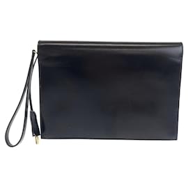 Hermès-Hermes Box Calf Pochette Jet Clutch Bag Black Gold Hardware-Black