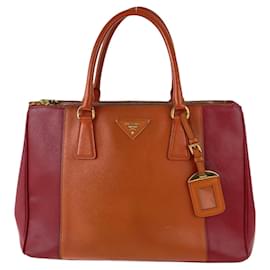 Prada-Prada Saffiano Leather Triangle Logo Tote-Orange