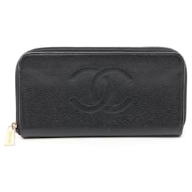 Chanel-Portafoglio lungo rotondo Chanel Coco Mark in pelle caviar nera-Nero