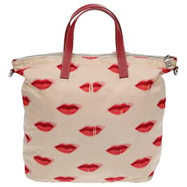 Prada-PRADA Bolsa de Mão Nylon 2 vias Bege Vermelho Prata Auth 85160-Prata,Vermelho,Bege