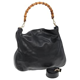 Gucci-Bolsa de mão em couro GUCCI Bamboo 2 vias preta 001 1014 1577 Auth 85130-Preto