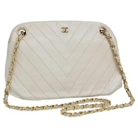 Chanel-CHANEL V Stitch Cadeia Bolsa de Mão Couro Branco CC Auth yk14103-Branco