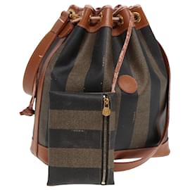 Fendi-FENDI Pecan Canvas Shoulder Bag Brown Black Auth 83448-Brown,Black