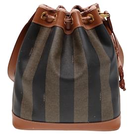 Fendi-FENDI Pecan Canvas Shoulder Bag Brown Black Auth 83448-Brown,Black