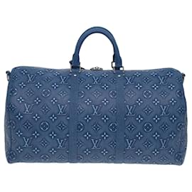 Louis Vuitton-LOUIS VUITTON Monogramm Leder Keepall Bandouliere 50 Tasche M21375 LV Auth 83834S-Blau,Monogramm