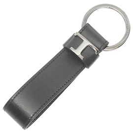 Tod's T Keychain Leather Metal Black Silvery