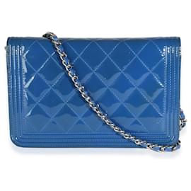 Chanel-Chanel Blue Quilted Patent Boy Wallet On Chain-Blue