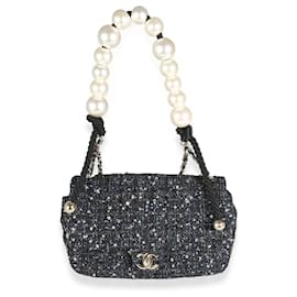 Chanel-Chanel Navy Tweed Sequin Medium Pearl Handle Flap Bag-Black,Blue