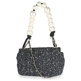 Chanel-Chanel Navy Tweed Sequin Medium Pearl Handle Flap Bag-Black,Blue