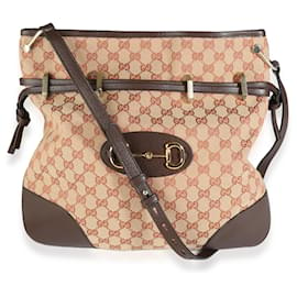 Gucci-Gucci Beige GG Canvas Textured Dollar Calfskin Horsebit 1955 Top Messenger-Beige