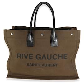 Saint Laurent-Saint Laurent Khaki Canvas Black Calfskin Rive Gauche Tote-Green