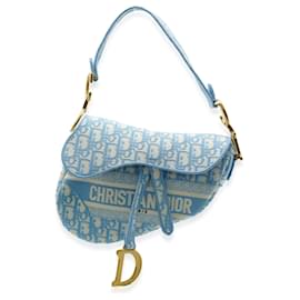 Christian Dior-Christian Dior Light Blue Oblique Jacquard Canvas Saddle Bag-White,Blue