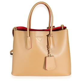 Prada-Prada Caramel Saffiano Medium Double Bag Tote-Brown,Beige