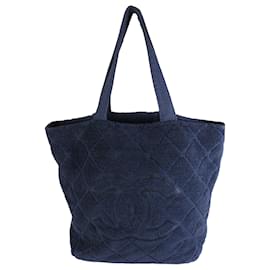 Chanel-Chanel Navy Quilted Terry Cloth CC Tote-Blue