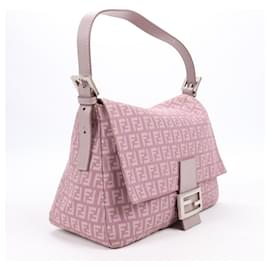 Fendi-FENDI Mamma Baguette Zucchino Canvas & Leather Shoulder bag in Pink/Purple 8BR001-Pink