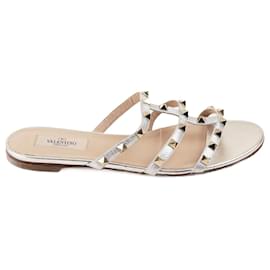 Valentino Garavani-Rockstud Flat Slide Sandals-Silvery