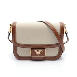 Prada-Sac à épaule en toile et cuir beige et marron Prada-Marron,Beige