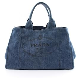 Prada-Prada Denim Canapa Tote Bag-Navy blue